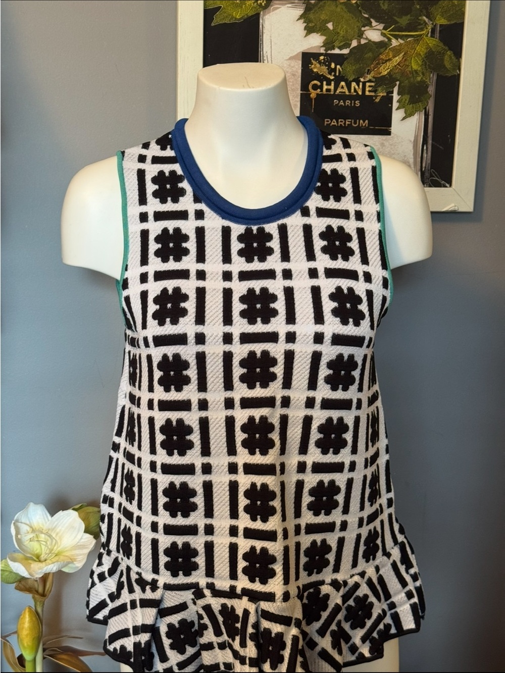 Issa Black & White Patterned Sleeveless Tank with Blue Trim